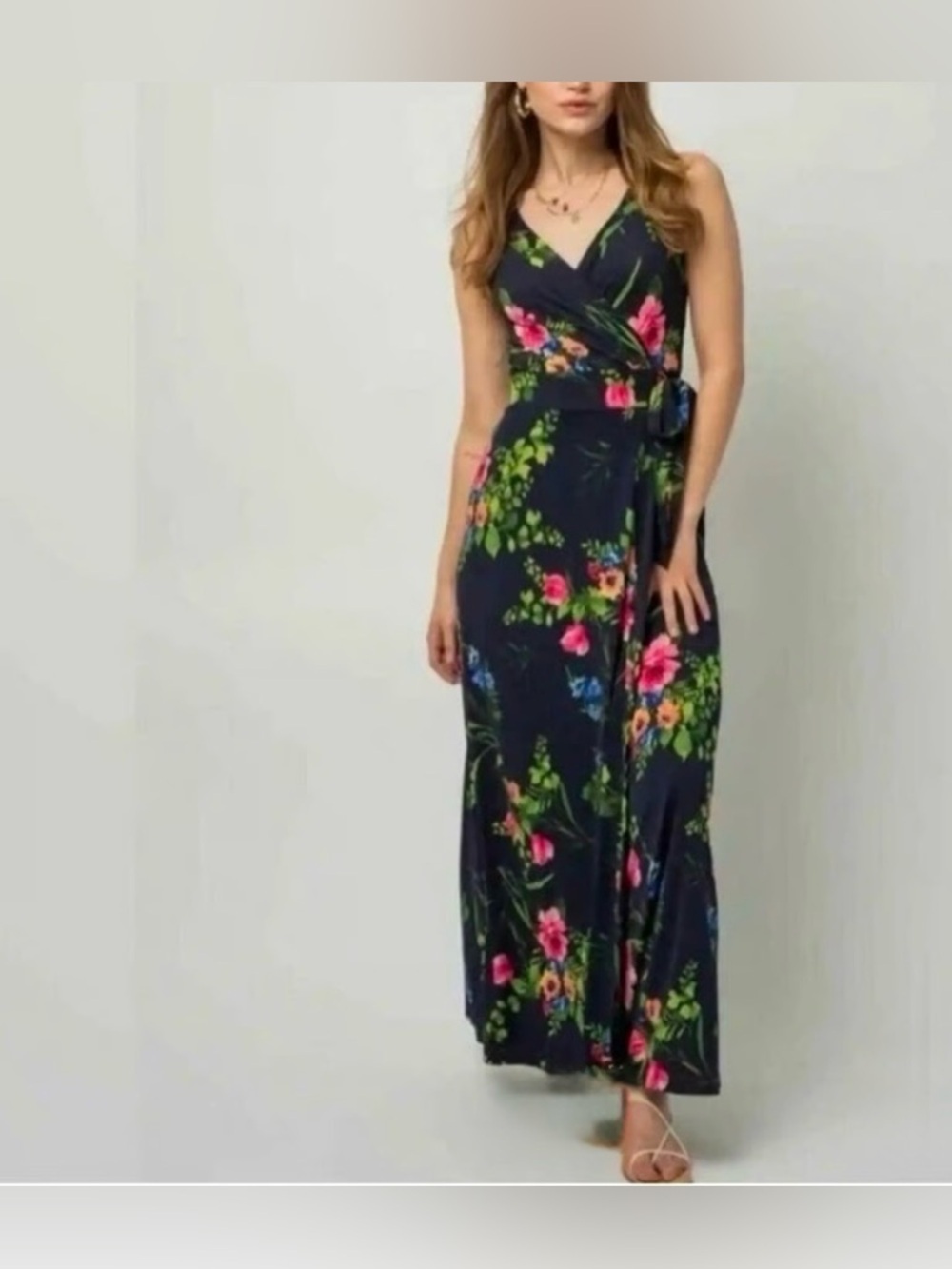 Le Lis Ranada Navy Floral Faux Wrap Maxi Dress Womens Small